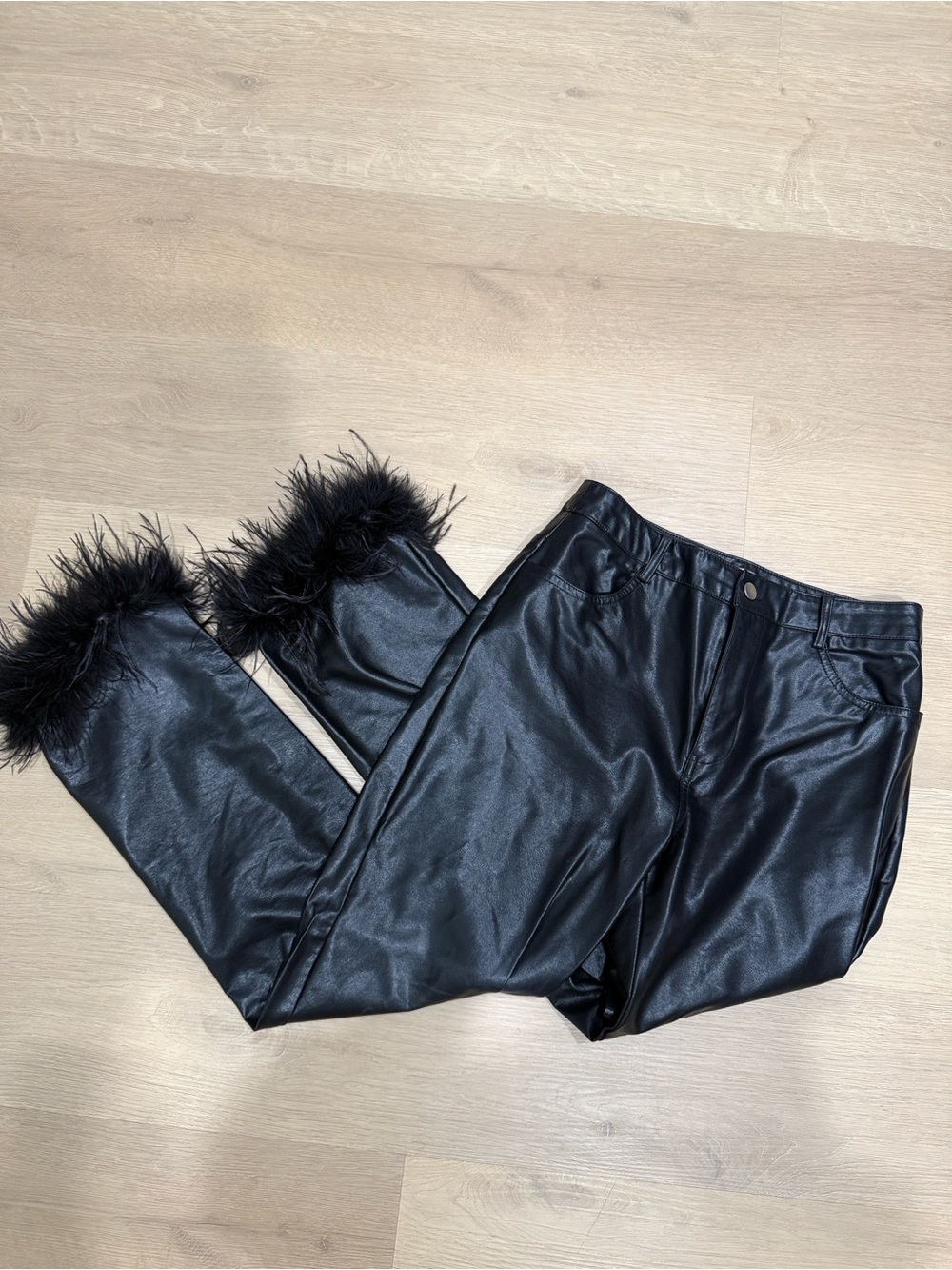 Altar'd State Black Faux Leather Pants with Feather Trim
